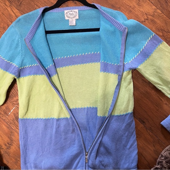 Stitches color block zip up knit sweater v neck long sleeve bright Sz small vntg - Picture 6 of 12